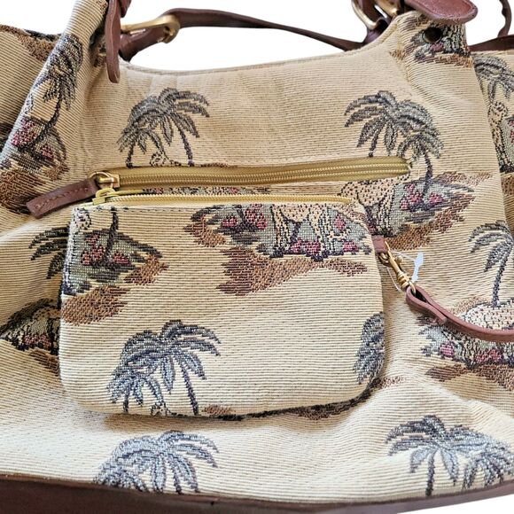 90s Vtg Bueno Large Tan Tapestry Cheetah Tree Animal Shoulder Bag w/ Coin Purse - Picture 2 of 10